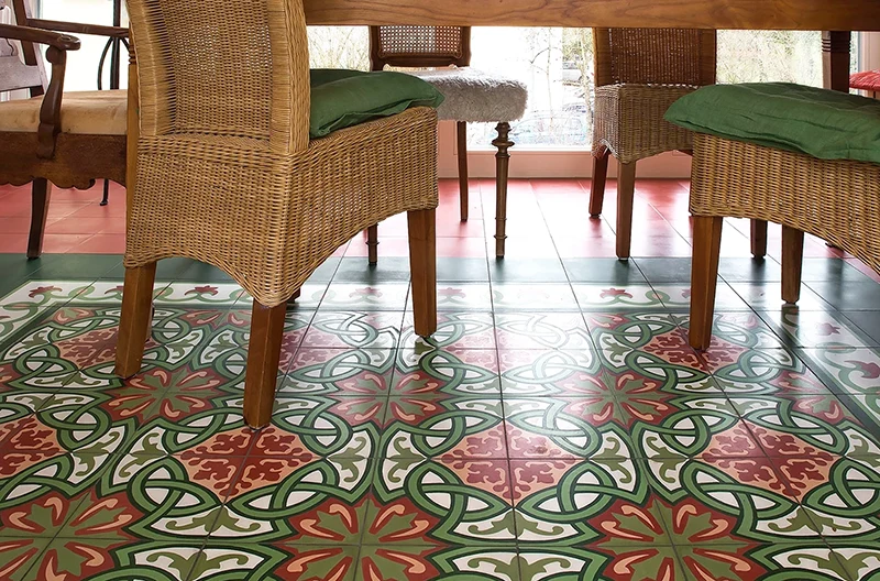 Traditional cement tiles with borders and plain tiles